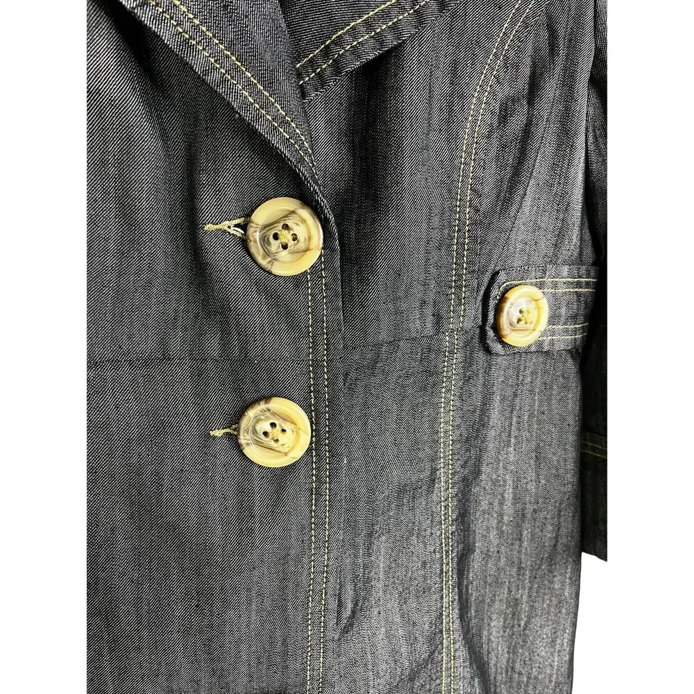 Baccini Demin Trench Coat Womens Sz Medium Dark‎ Wash Button Front 3/4 Sleeve